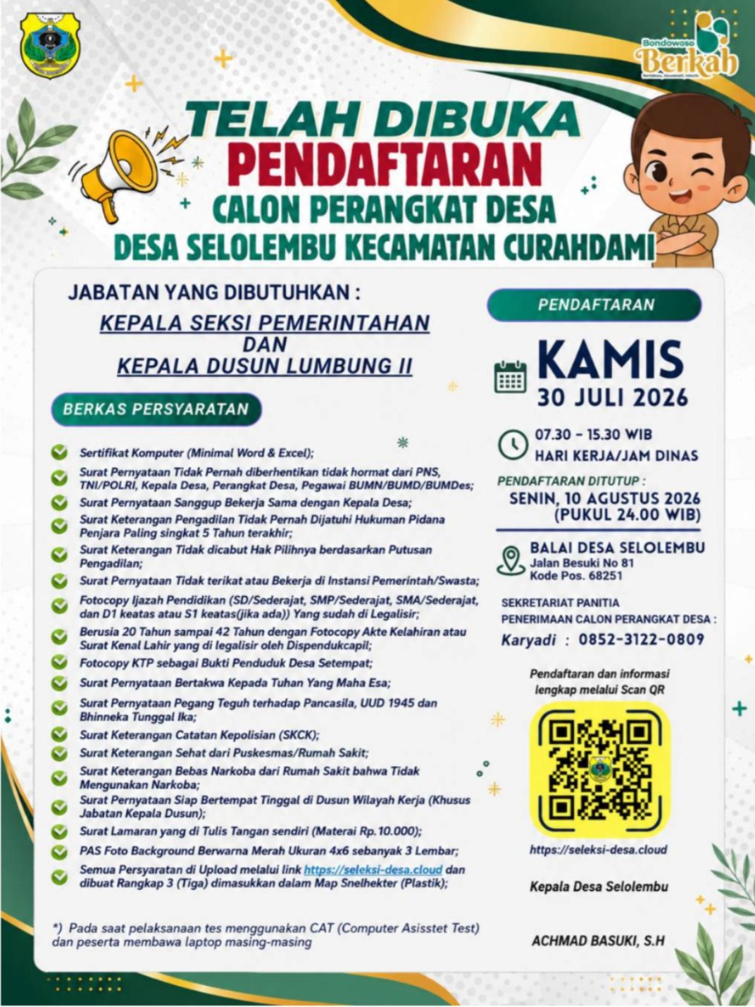 PENGUMUMAN PENERIMAAN CALON PERANGKAT DESA SELOLEMBU