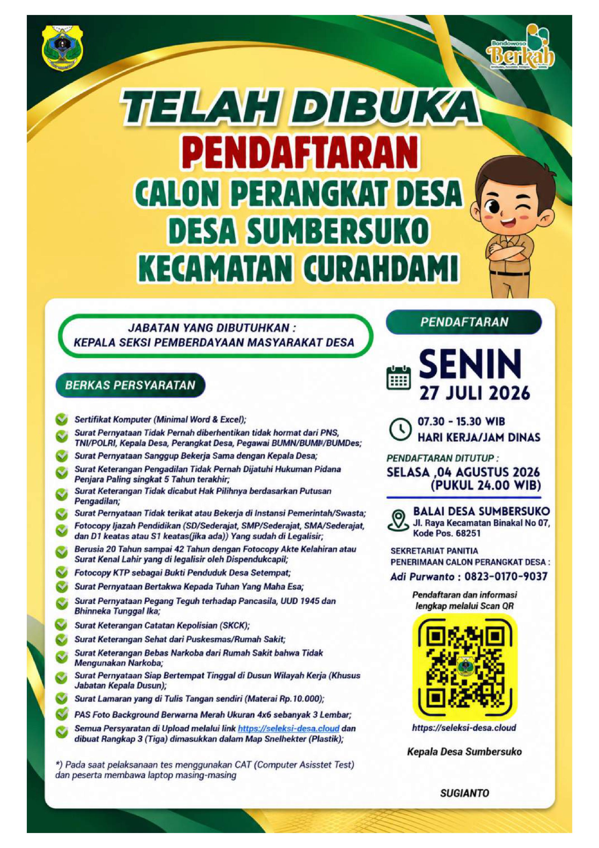 PENGUMUMAN PENERIMAAN CALON PERANGKAT DESA SUMBERSUKO